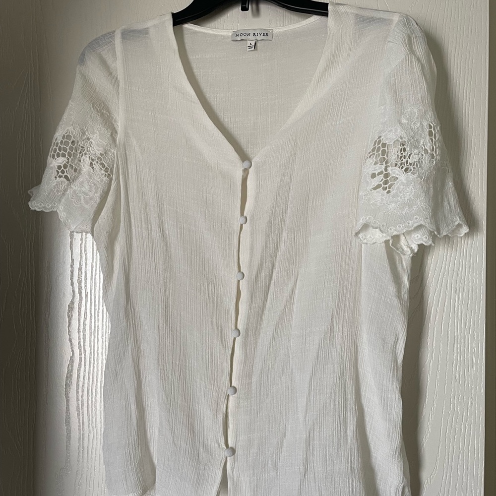 Moon River White Lace Button Down Blouse - top feminine lacy embroidered girly